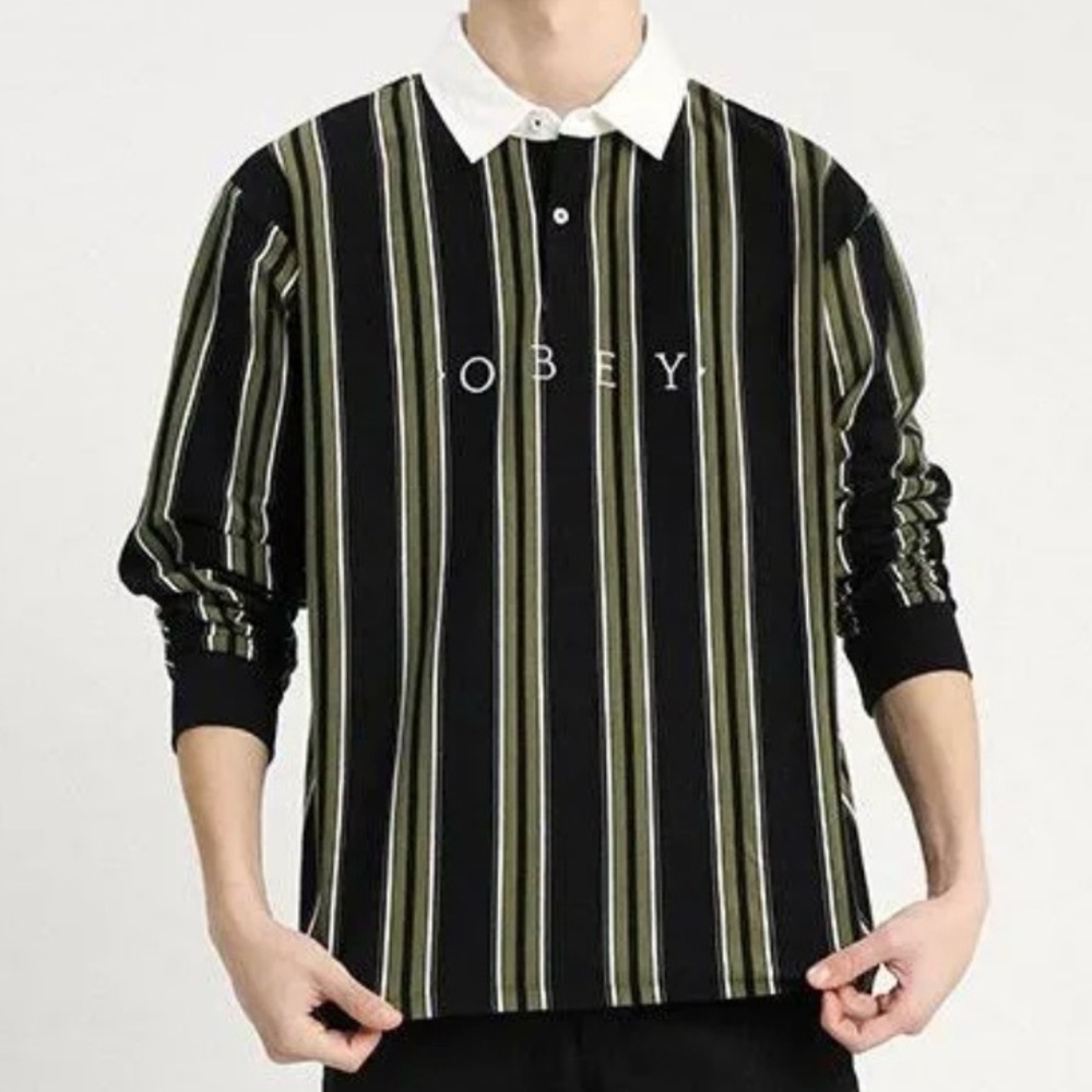 Obey Vertical Striped Cotton Embroidered Logo Long Sleeve Rugby Polo Shirt, M